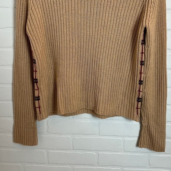 Vintage Knit Sweater Burberry vibe Old money Wool blend Plaid Tan/Black/Red S - Picture 13 of 15